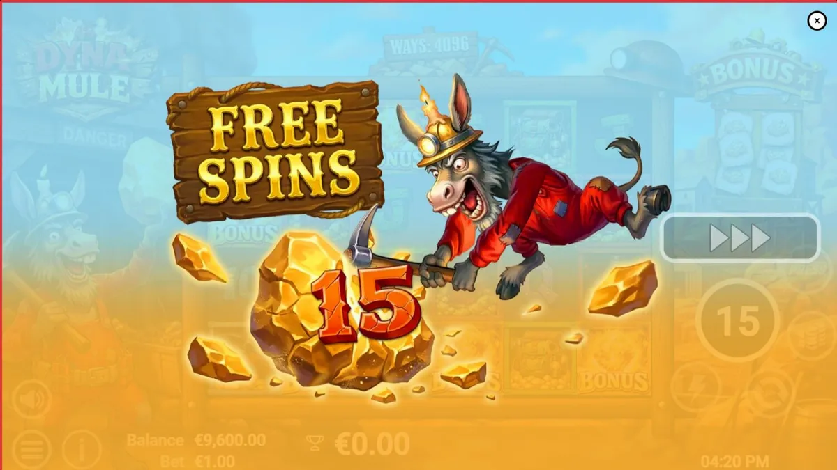 Dyna Mule slot machine interface na may mining theme at mechanical mule character