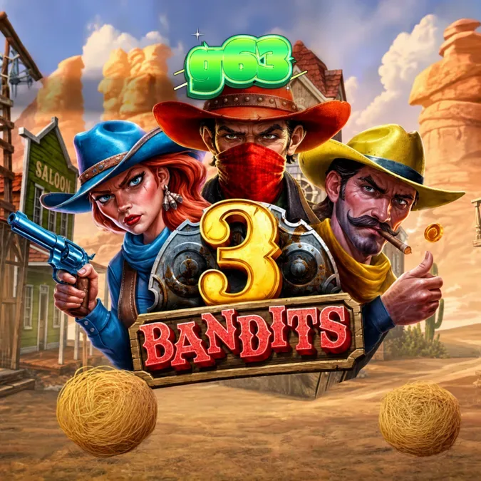 Isang tanawin ng Wild West na may mga bandit at coin symbols sa 3 Bandits slot.